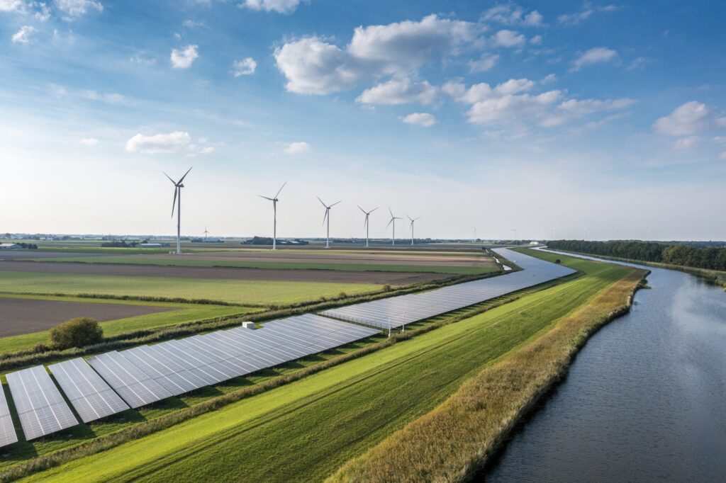Aerial view of solar panels on grass near a river, with wind turbines in the background and open fields under a partly cloudy blue sky.