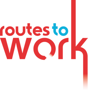 The image shows the routes to Work logo, with routes and Work in red lowercase letters and to in blue lowercase letters. The letter k in Work extends downward as a vertical red line.