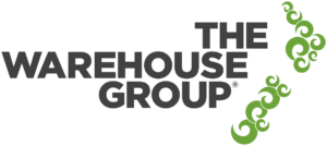 Logo for The Warehouse Group with bold black text and decorative green koru swirl patterns on the right side.