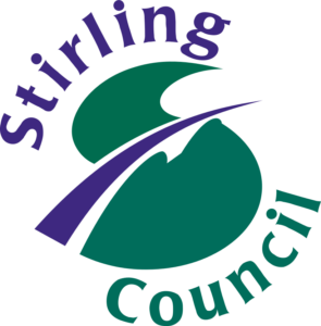 Stirling Council logo featuring a stylized green S with a purple swoosh crossing it, surrounded by the words Stirling Council in purple text.