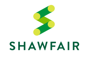 Logo with two green, diagonal bars forming an S shape with yellow circles at the ends, above the word SHAWFAIR in bold, dark green letters.