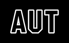 White outlined capital letters AUT on a solid black background.