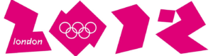The image shows the bright pink logo for the London 2012 Olympics, with the numbers 2012 in a bold, abstract style and the Olympic rings inside the 0. The word london is written on the first digit.