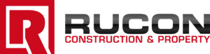 Logo for RUCON Construction & Property featuring a bold, stylized letter R in red on the left, and the company name in black and red text to the right on a light background.