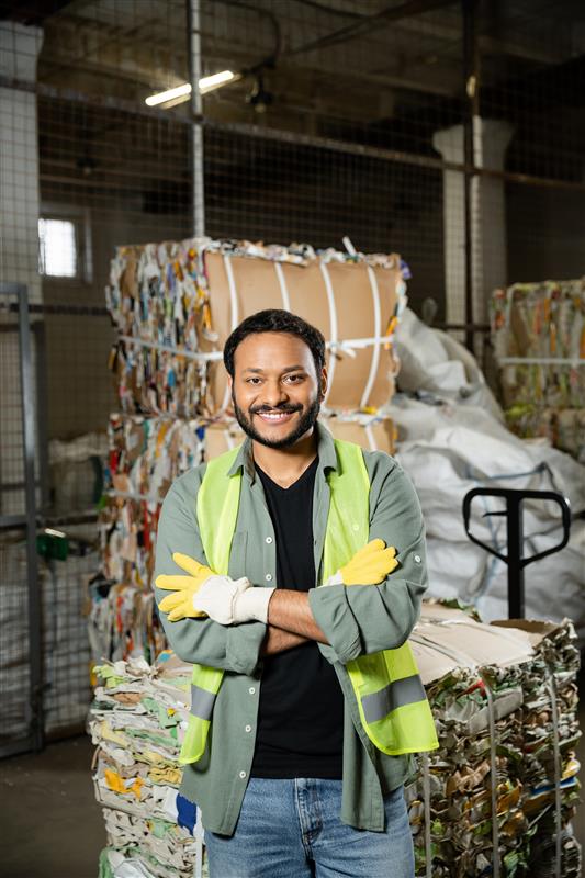 A smiling man wearing a reflective vest and yellow gloves stands with arms crossed in front of stacks of compressed recyclable materials in a recycling facility.