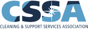 Logo for the Cleaning & Support Services Association (CSSA), featuring large blue CSSA letters with a sparkling effect on the first S and the full name written below in blue capital letters.