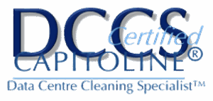 Logo with the text: DCCS Certified Capitoline® Data Centre Cleaning Specialist™ in blue and light blue fonts on a white background.