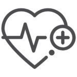 A simple line drawing of a heart with a heartbeat line inside and a plus sign in a circle overlapping the heart, symbolizing health or medical care.