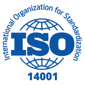ISO 14001 logo in blue text with a globe design, featuring International Organization for Standardization around the top and 14001 below.