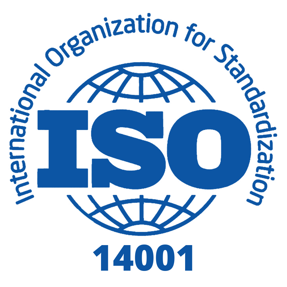 ISO 14001 logo in blue text with a globe design, featuring International Organization for Standardization around the top and 14001 below.