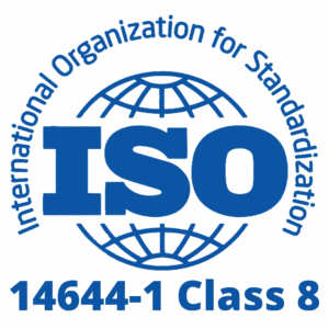 Logo of the International Organization for Standardization (ISO) with a globe design. Text reads ISO in large letters and 14644-1 Class 8 below, indicating a cleanroom classification standard.
