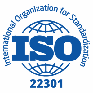 ISO 22301 logo in blue with a globe behind bold ISO letters, surrounded by the text International Organization for Standardization. The number 22301 appears in blue below the logo.