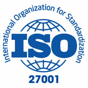 Blue ISO logo over a globe outline with the text International Organization for Standardization around the top and 27001 at the bottom, representing ISO 27001 certification.