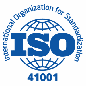 The ISO 41001 logo, featuring the text International Organization for Standardization around a globe outline, with large blue ISO letters and 41001 written below.