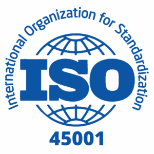 Blue ISO 45001 logo with a globe outline in the background and the words International Organization for Standardization circling around the top. The number 45001 appears below the large ISO text.