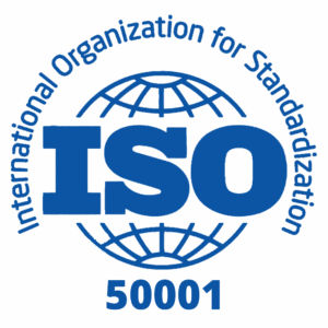 Blue ISO 50001 logo with a globe behind large ISO text, and International Organization for Standardization written in a circular shape around the globe.