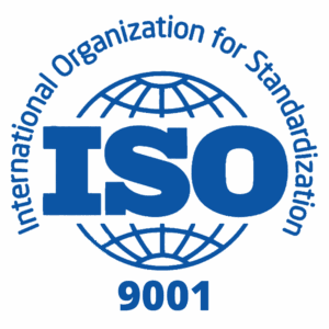 Blue ISO 9001 logo with “International Organization for Standardization” in a circular pattern around a globe, and “ISO” in bold letters across the center, with “9001” below.