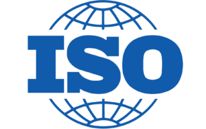 The blue ISO logo features large bold letters ISO in front of a stylized globe made of curved lines, symbolizing international standards and global reach.