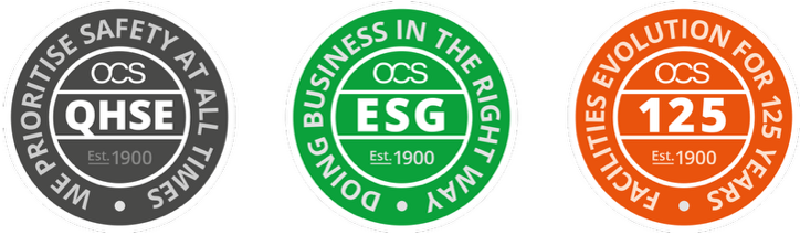 Three circular OCS badges: a gray one with We prioritise safety at all times QHSE, a green one with Doing business in the right way ESG, and an orange one with Facilities evolution for 125 years.