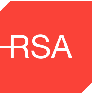 Red abstract shape with the white letters RSA in the center. The left edge of the shape features a white horizontal line intersecting the letter R.