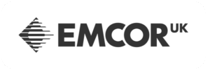 EMCOR UK logo in black, featuring stylized horizontal stripes forming a diamond shape to the left of the bold text EMCOR UK on a white background.