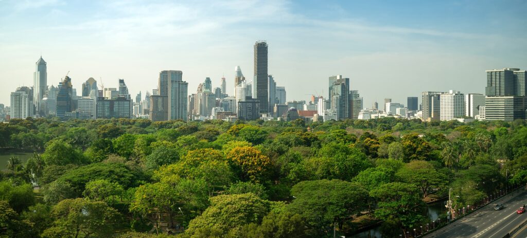A panoramic view of a city skyline with tall modern buildings behind a large green park filled with trees under a clear blue sky.