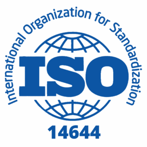 Logo for the International Organization for Standardization (ISO) with a globe in the background, “ISO” in bold blue text, and the number “14644” below.