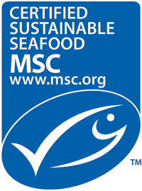 Blue and white MSC certification logo featuring the text Certified Sustainable Seafood MSC www.msc.org above a stylized fish with a checkmark, indicating sustainable seafood standards.