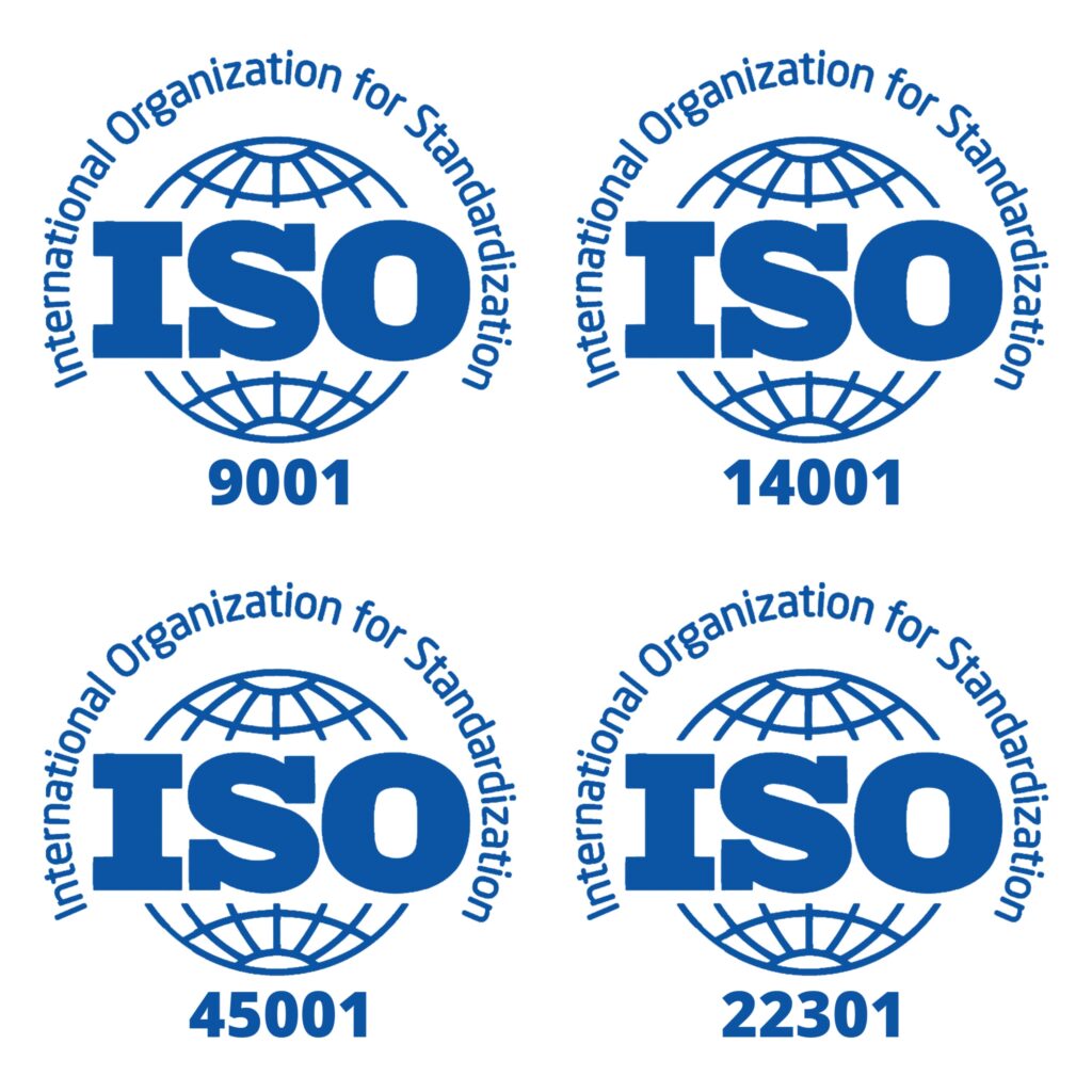 Four blue ISO logos with a globe, each labeled with a different standard number: 9001, 14001, 45001, and 22301. Each logo says International Organization for Standardization.