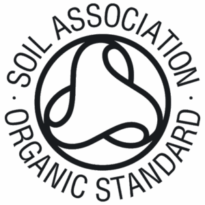 Black and white circular logo with the words Soil Association Organic Standard surrounding an abstract, looping design in the center.