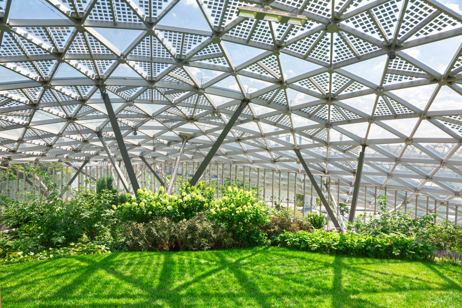 A modern glass and steel greenhouse with a geometric patterned ceiling, lush green grass, and flowering plants inside, allowing sunlight to filter through to the interior garden.