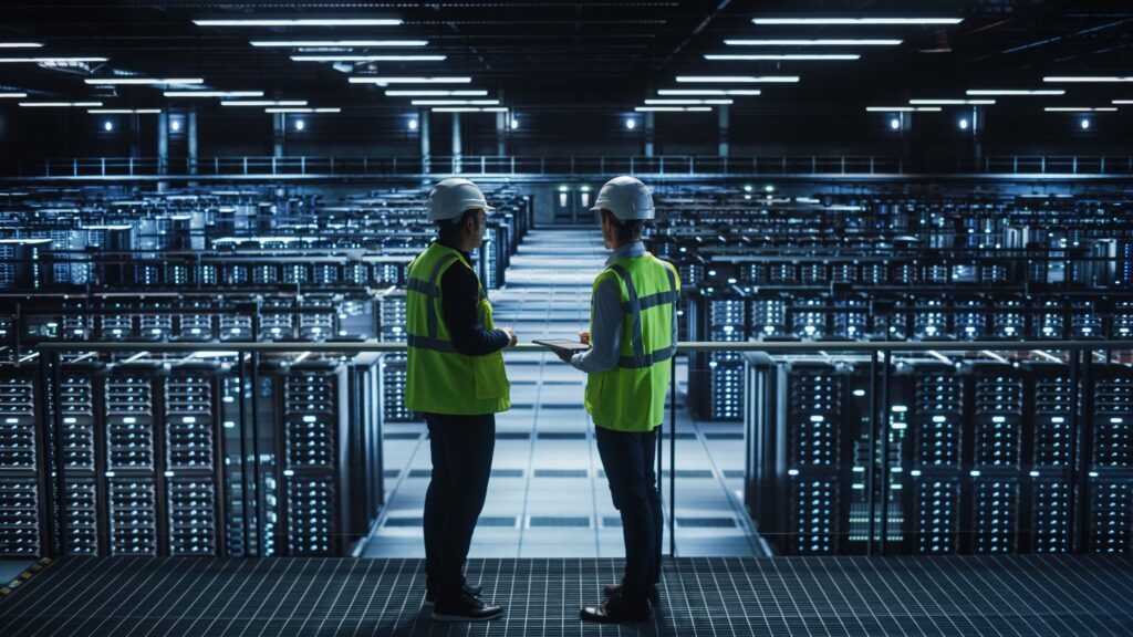 Two engineers wearing safety vests and helmets stand on a platform, overlooking rows of servers and computer equipment in a large, brightly lit data center.