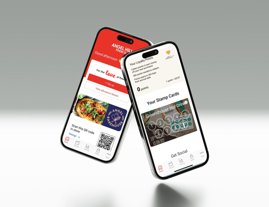 Two smartphones display a food service app showing loyalty points, digital stamp cards, food images, and QR codes on their screens against a plain, gradient background.