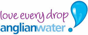 Anglian Water logo with the slogan love every drop in purple text and a large blue water droplet next to anglianwater in blue text.