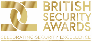 Logo for the British Security Awards with gold text and abstract gold design on a white background. The tagline at the bottom reads, Celebrating Security Excellence.