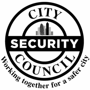 A circular logo with “CITY COUNCIL” around the edge, “SECURITY” across the center, a city skyline in the background, and the slogan “Working together for a safer city” at the bottom.
