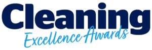 Logo with bold navy blue text reading Cleaning and light blue cursive text underneath reading Excellence Awards on a light background.