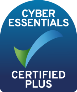 Cyber Essentials Certified Plus logo with a green and blue checkmark on a blue gradient background and white text.