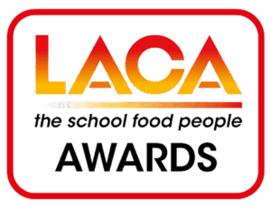 LACA Awards logo with LACA in bold gradient orange and yellow letters, and the words the school food people and AWARDS below, inside a red-bordered rectangle.