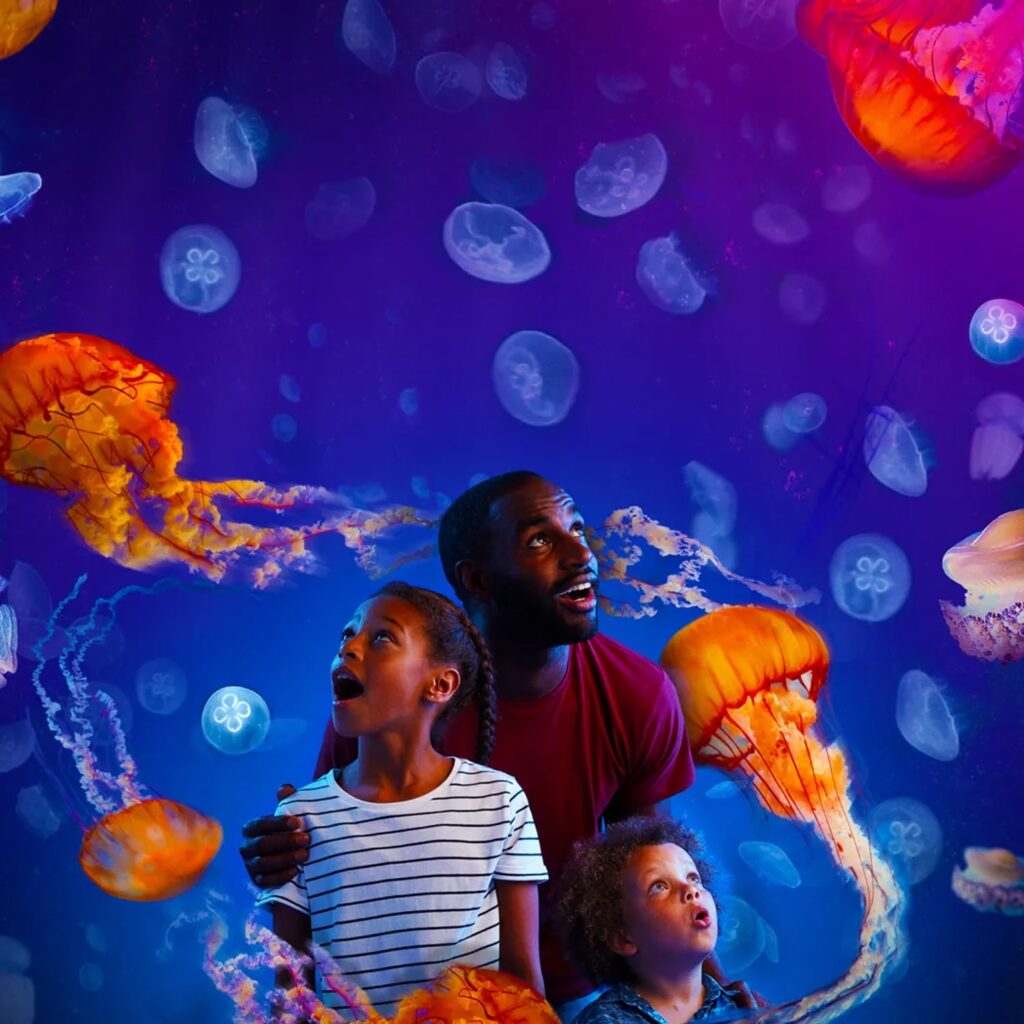 A man and two children look up in awe at large glowing jellyfish and floating jellyfish around them, set against a vibrant, deep blue and purple underwater background.