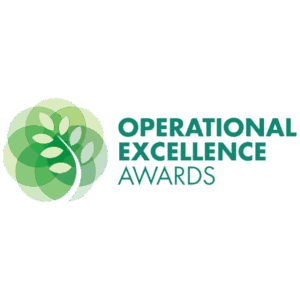 Logo for the Operational Excellence Awards, featuring stylized green leaves in a circular pattern to the left of bold green and blue text reading Operational Excellence Awards.