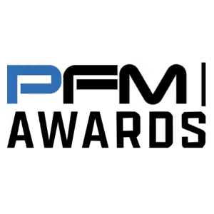 Logo with the text PFM AWARDS in bold, modern font. The letter P is blue, while the rest of the letters are black on a white background.