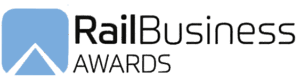 Logo for Rail Business Awards featuring a blue square with a white upward-pointing arrow on the left, and the words RailBusiness AWARDS in black text to the right.