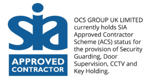 Blue SIA Approved Contractor logo next to text stating OCS Group UK Limited holds SIA Approved Contractor Scheme status for Security Guarding, Door Supervision, CCTV, and Key Holding services.