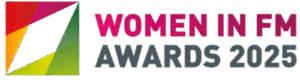 Logo with a colorful geometric design on the left and text on the right that reads “WOMEN IN FM AWARDS 2025.”.