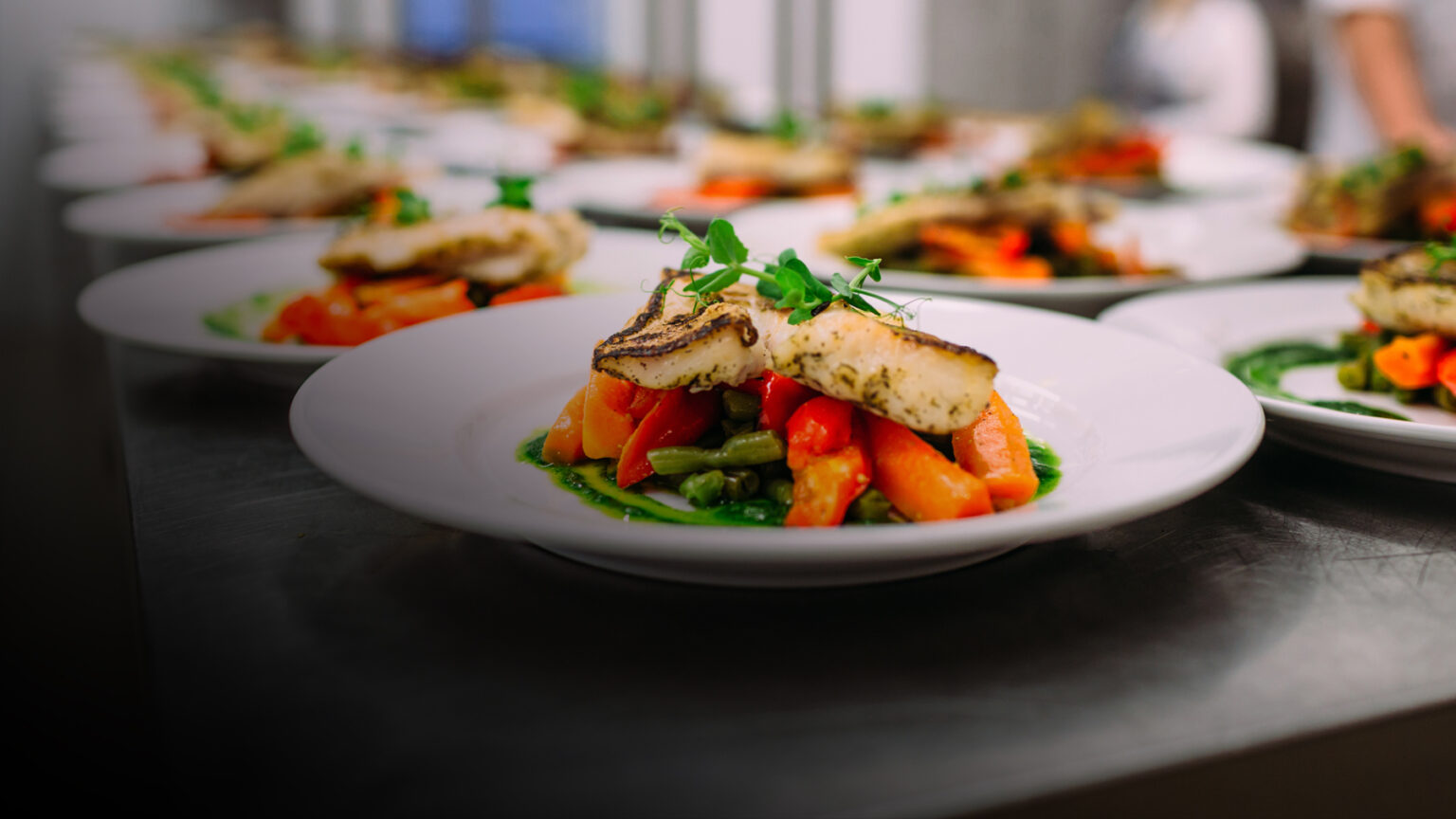 Several white plates topped with grilled fish fillets, vibrant sautéed vegetables, and green garnish are neatly arranged in a row on a kitchen counter, ready to be served.