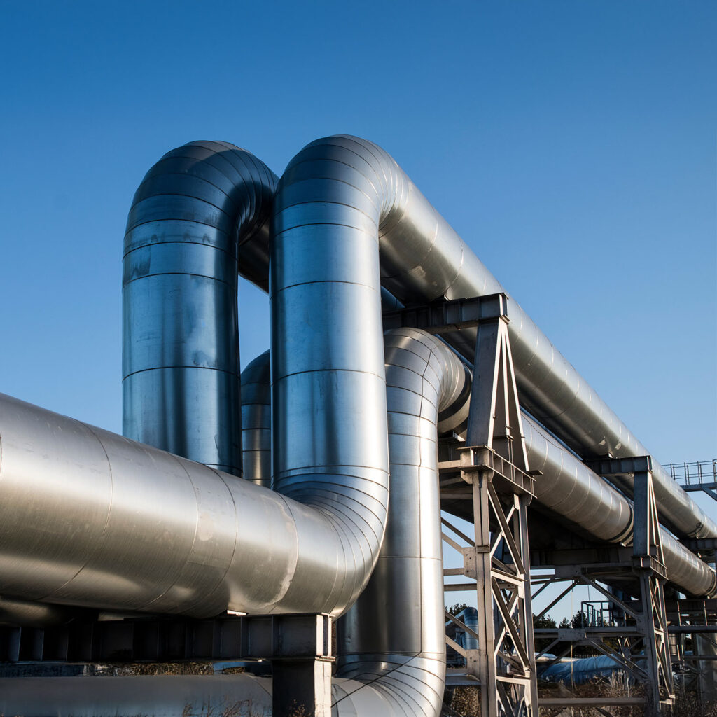 Large, shiny metal industrial pipes curve and run parallel on an elevated structure against a clear blue sky, suggesting a facility for transporting gas, oil, or other industrial materials.