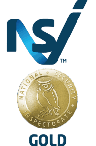 NSI logo above a gold badge with an owl and the words National Security Inspectorate, with Gold written below, representing NSI Gold accreditation.