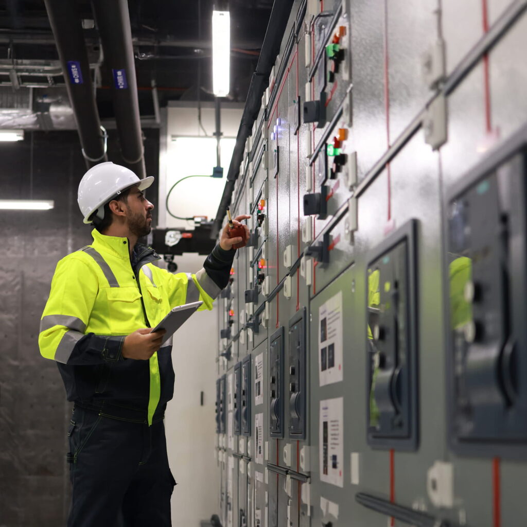 A worker in a high-visibility jacket and white hard hat uses a tablet while inspecting and adjusting controls on large industrial electrical panels in a facility.