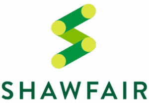 Logo for Shawfair featuring two green diagonal lines with yellow-green circular ends forming an abstract S shape above the word SHAWFAIR in green capital letters.